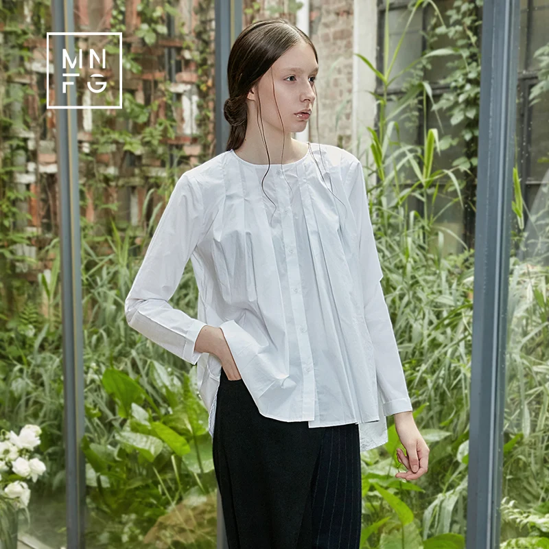 MNFG by Amii Women Blouse 100% Cotton Asymmetric Long Sleeve Shirt