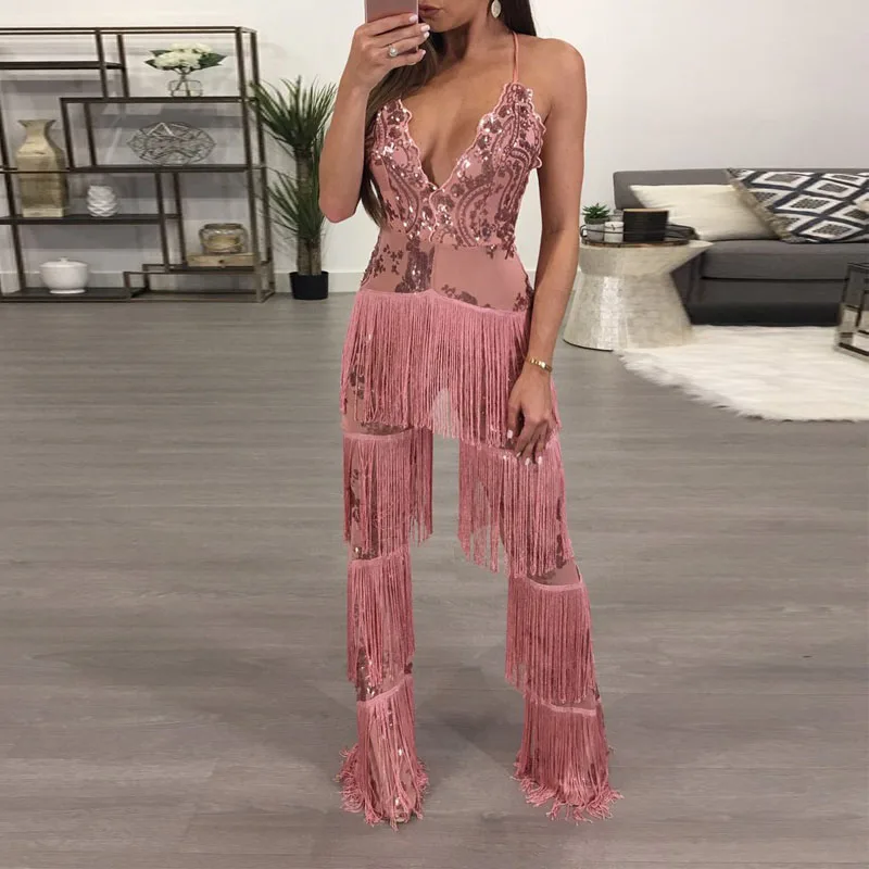 

2017 Autumn tassel sequin jumpsuits Womens Rompers Sexy Elegant ladies wide leg pants Overalls Lace sequined kerst jurk outfits