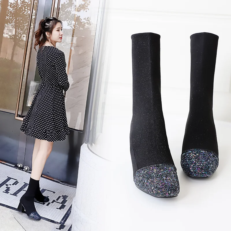 

2019 Stretch knitting ankle Boots High Heels boots Pointed toe Boot Colorful sequins Casual Ladies short boots plus size 34-43
