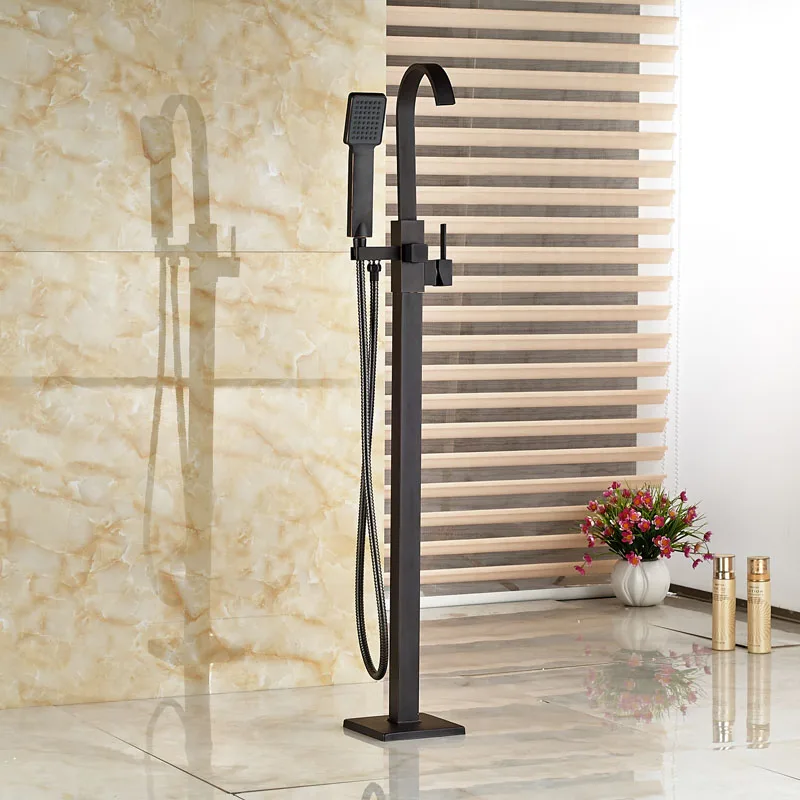 Oil Rubbed Bronze Waterfall Tub Mixer Faucet Free Standing Floor Mount Bathtub Faucet with Handshower