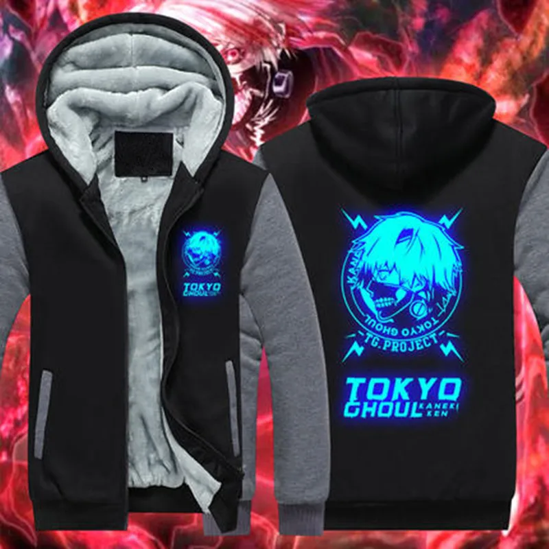 

2019 Spring Anime Tokyo Ghoul Cosplay Blue Luminous hoodie Mens Ken Kaneki Thicken Fleece hooded Sweatshirts 011903