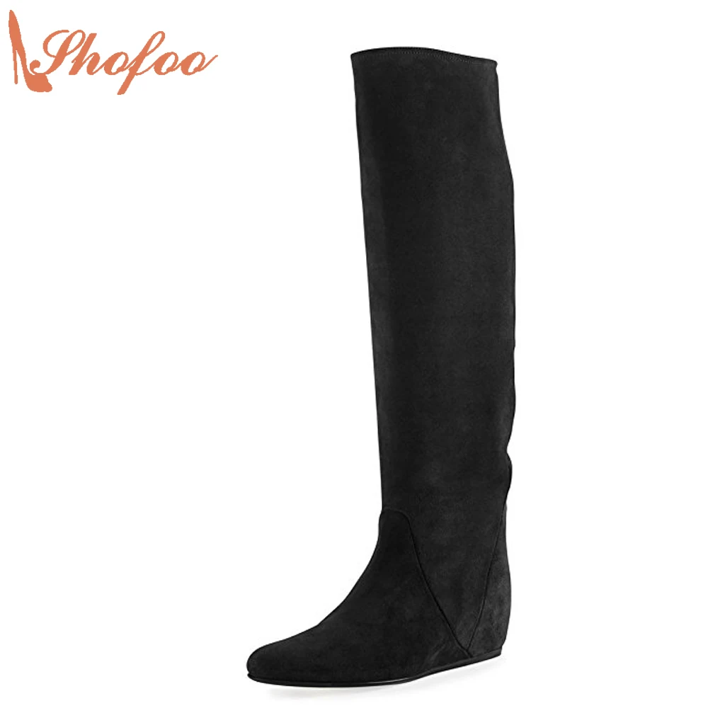 Shofoo Women Black Fashion Comfortable Flat Heels Knee High Winter Boots Shoes Warm Woman Dress Party Casual  Size 33 Shoes