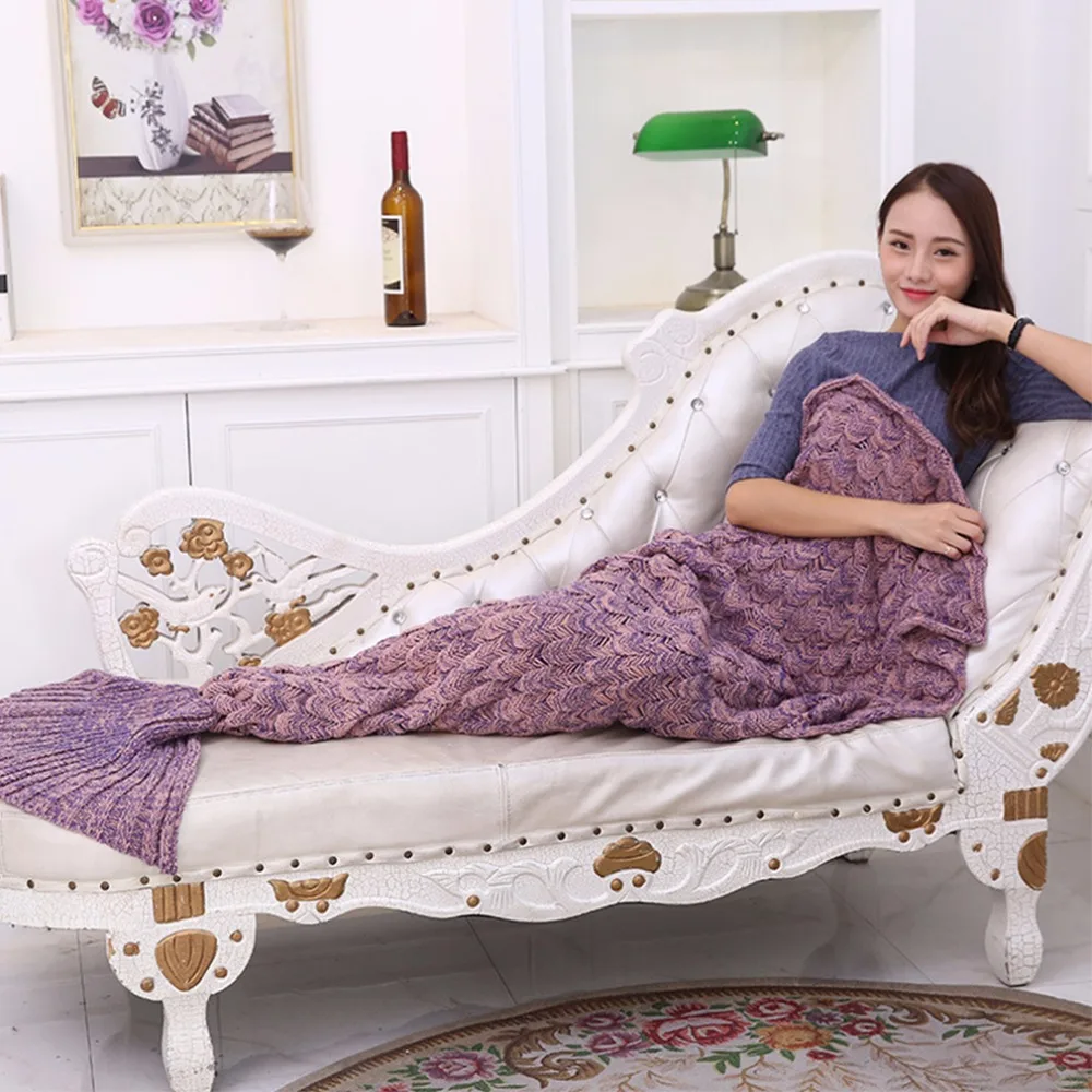 

Spring autumn winter Fish Scale Pattern Mermaid Tail Blanket Sofa Blanket Knitting Warm Soft for Adults and Kids for home