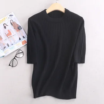 

Spring new round neck pullover cashmere sweater five-point sleeve knit short-sleeved women tight-fitting wild half-sleeved shirt