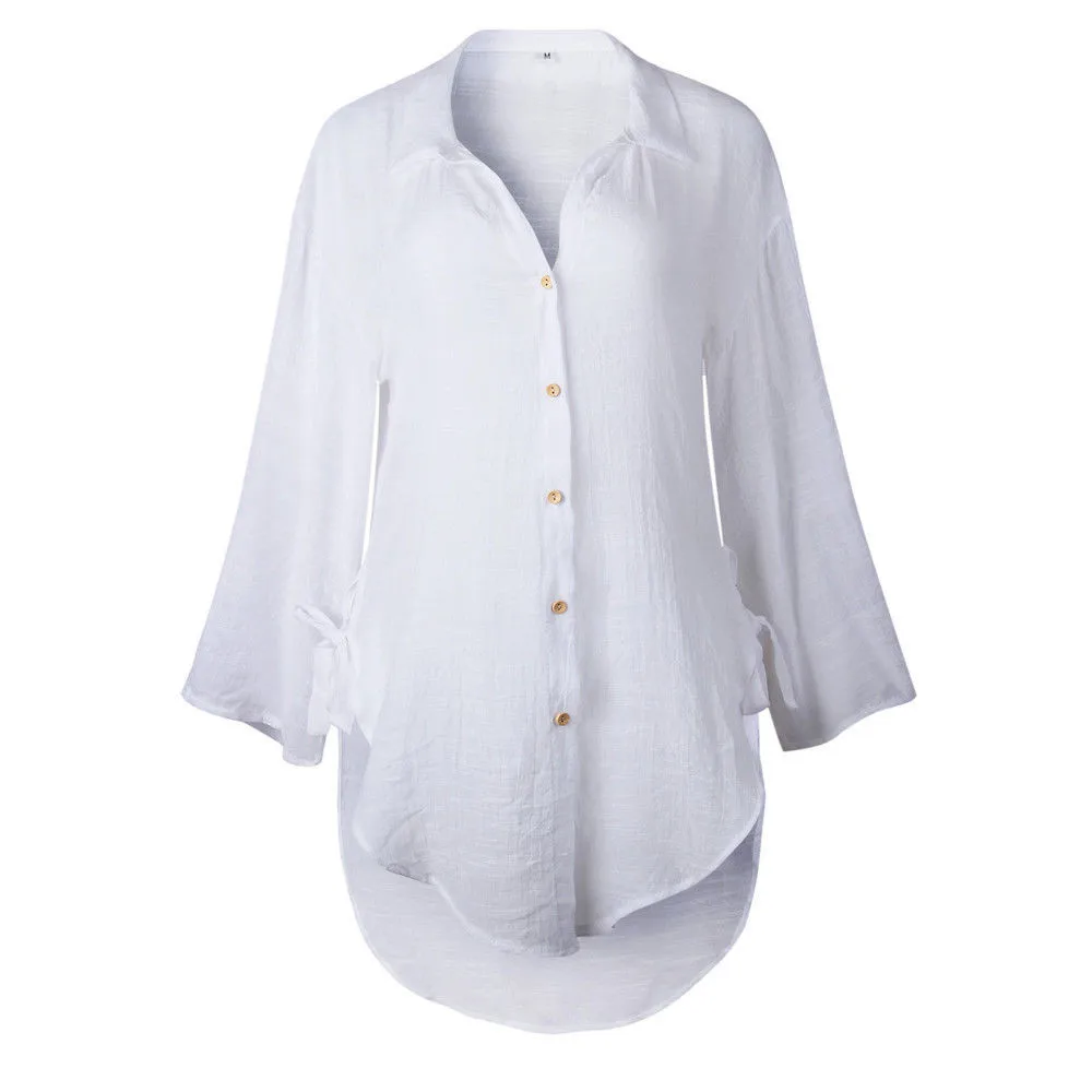 Nueva moda Mujer suelta botón Camisa larga Casual tres cuartos algodón señoras Casual Camisa verano otoño blusa Ropa De Mujer