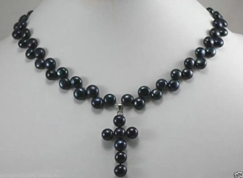 

FREE SHIPPING>>>@@ 7-8MM black Cultured Pearl cross Pendants Necklace