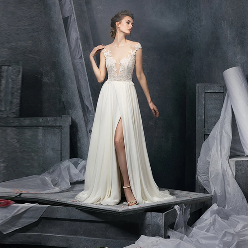 

Verngo Simple Beach Wedding Dress Lace Chiffon Wedding Gowns Backless Bride Dress A-line Wedding Dress Vestidos De Novia 2019
