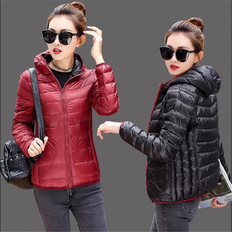 

2018 Winter Hooded 90% White Duck Ultra Light Down Jacket Women Double Side Wear Reversible Warm Coat Plus Size 4XL Parkas Z51
