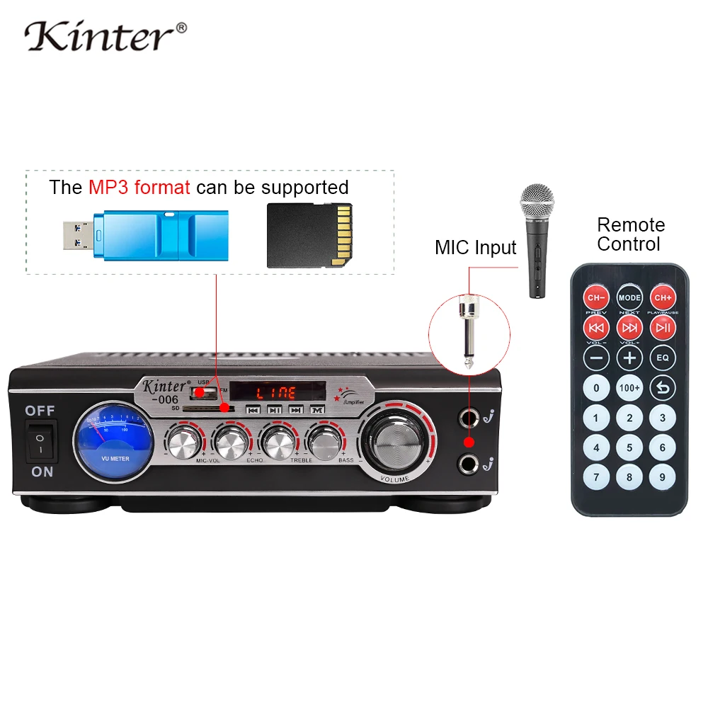

Kinter-006 karaoke amplifier audio hifi stereo sound supply 220V power with USB SD FM MIC input VU meter led display