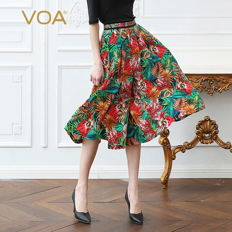 

VOA Silk Wide Leg Pants Women Plus Size 5XL Loose Calf-Length Trousers Boho Floral Print Casual Comfort Mid Waist Summer K532
