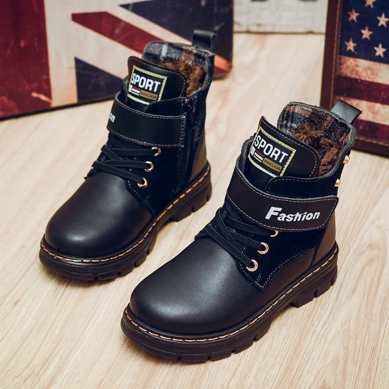 

Children Boots Ankel Shoes Autumn Warm Genuine Leather Martin Boots Shoes Boys Boots Plush Fashion Shoelaces Rubber Hook&loop