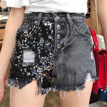 Летние новые джинсы с блестками прямые шорты женские брюки с дырками джинсовые брюки женская одежда рваные джинсы Уличная одежда