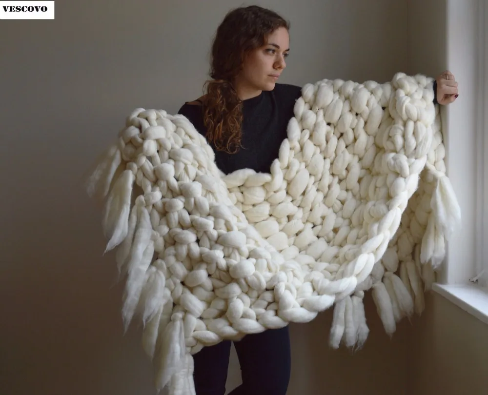

Handmade Chunky Wool Blanket Knit Blanket Thick Line Yarn With Tassel Knitting Home Decor Birthday Gift