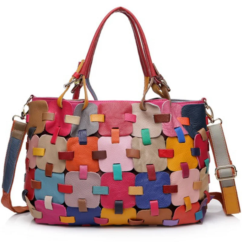 2018 New multi colored square leather stitching women handbag tote
