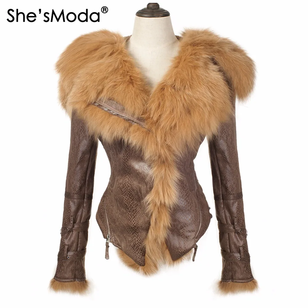 

She'sModa Light Weight Real Fox Fur Fleece Slim Winter Women's Zipper Hoodie Motorcycle Coat Jacket Plus Size