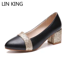 LIN KING New Spring Autumn Square Heel Women Pumps Shallow Pointed Toe High Heel Shoes Big Size Female Office Work Dress Shoes lin king plus size square heel women pumps genuine leather slip on pointed toe high heel shoes lady sexy outdoor plarform shoes
