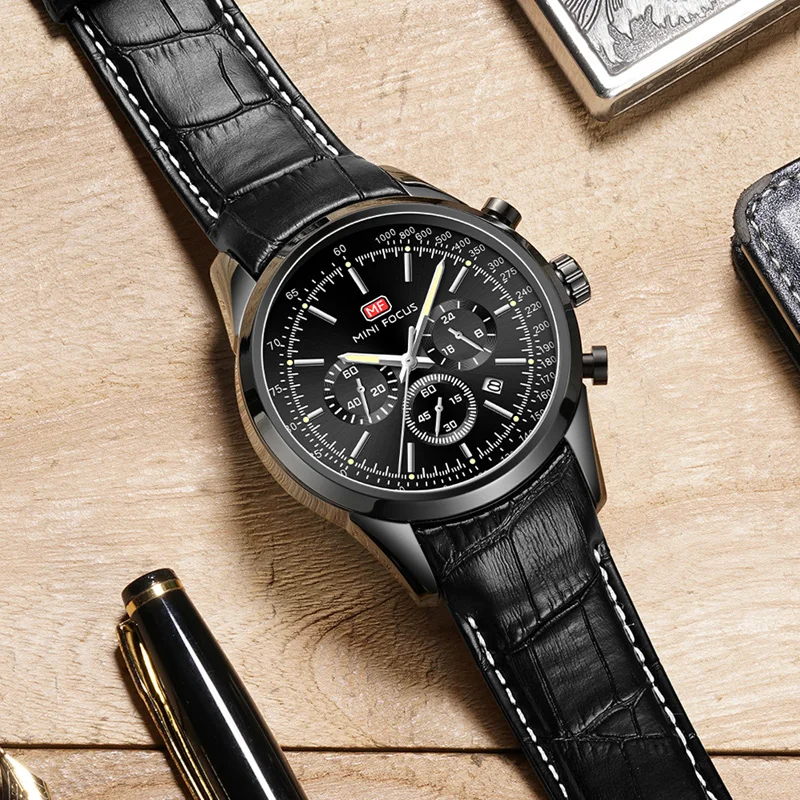 MINI FOCUS Chronograph Wrist Watches Mens Top Brand Waterproof Military Watch Men Quartz Sport Leat