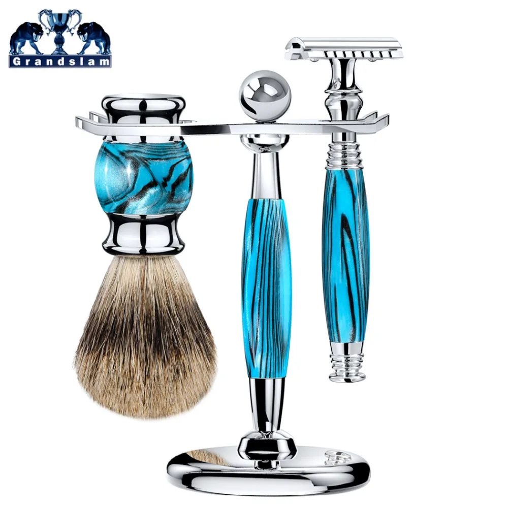 

Grandslam 3pcs/set Man Double Edge Safety Razor Shaving Razor Set Long Handle Badger Shaving Brush Stand Holder Wet Shave Tool