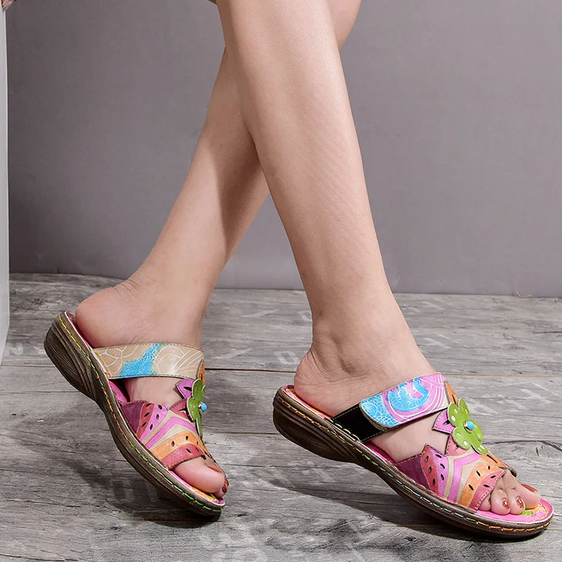 

Women Leather Slippers Flower Shoes Summer Home Slippers Low Heel 2019 Handmade Genuine Leather Women Beach Slippers Soft Bottom