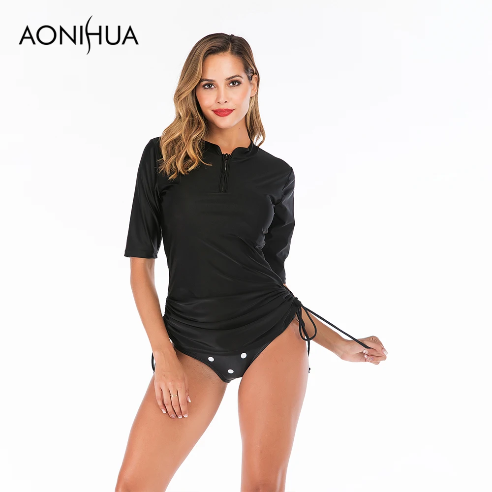 

Aonihua Sexy Two Piece Swimsuit String Adjust Solid Color Long Sleeve Swimsuit With Triangle Suit Plus Size Swimwear S-2XL