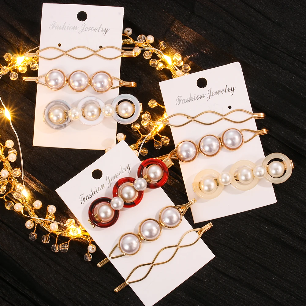 

Korea Fashion 3Pcs/set Pearl Metal Gold Color Hair Clip Bobby Pin Barrette Hairband Hairpin for women girls Hair Accessories