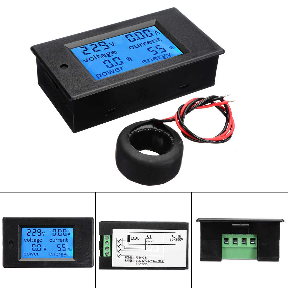 AC 100A Digital LCD Meter Wattmeter Power Voltmeter Amperemeter With Current Transformer For Electrical Instruments