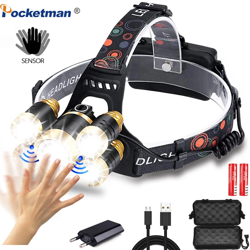 

60000LM LED Headlamp Motion Sensor Fishing Headlight 3/5 LED T6 Head Torch LED Lamp Flashlight Camping Light Waterproof 2x 18650