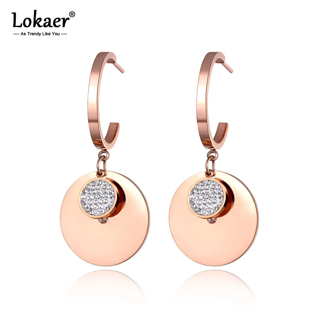 Lokaer, трендовые серьги из нержавеющей стали розового золота с буровым диском, богемная глина, блестящие стразы, креативные ювелирные изделия для женщин E19104