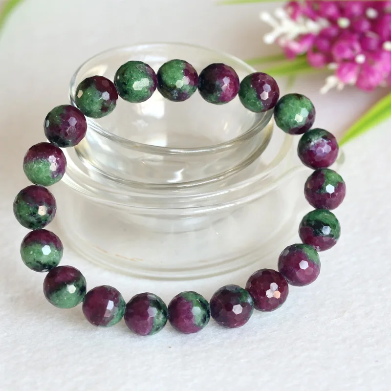 

Free Shipping Natural Genuine Half Red and Green Ruby Zoisite Finished Stretch Bracelet Faceted Round Loose beads Jewelry