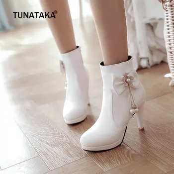 

Women Boots Pu Leather Square High Heels Ankle Boots Platform Bow Zipper Winter Ladies Shoes Plus Size 2018 White Black Pink
