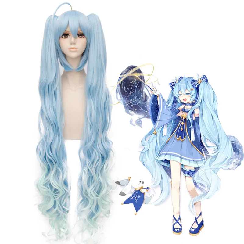 VOCALOID Neve Miku Hatsune Star Princess Lungo Blu Ricci Ondulati Parrucca Косплей