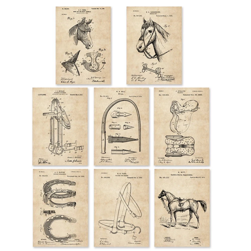 Винтажный запатентованный рисунок на лошадях снаряжение bridleware& bit Stirrups Halter Horseshoes Whip Saddle strangler Mini cap art prints 8 в 1