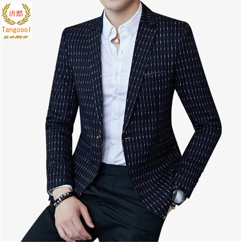 Тан Прохладный 2018 Для мужчин s Slim Fit Blazer тонкий Masculino полосатый Блейзер Бизнес Повседневное Для мужчин стильный пиджак Демисезонный