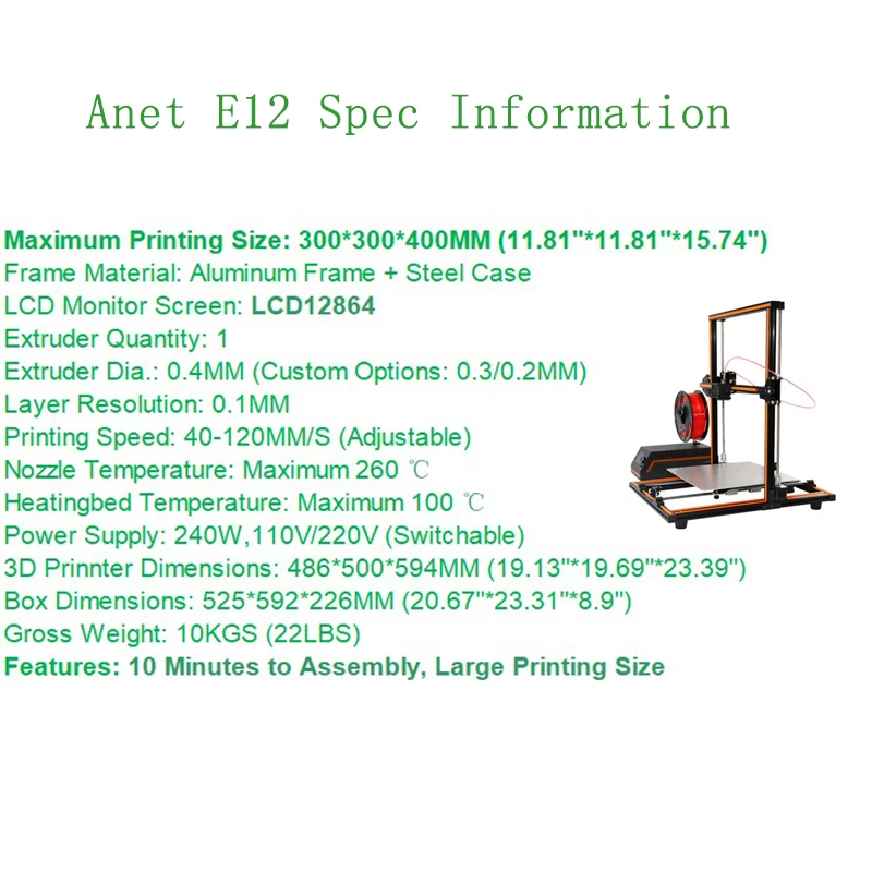 Anet E12 3d принтер DIY комплект алюминиевая рама+ стальной чехол простая сборка большой размер 300x300x400 мм Высокоточный 3d принтер