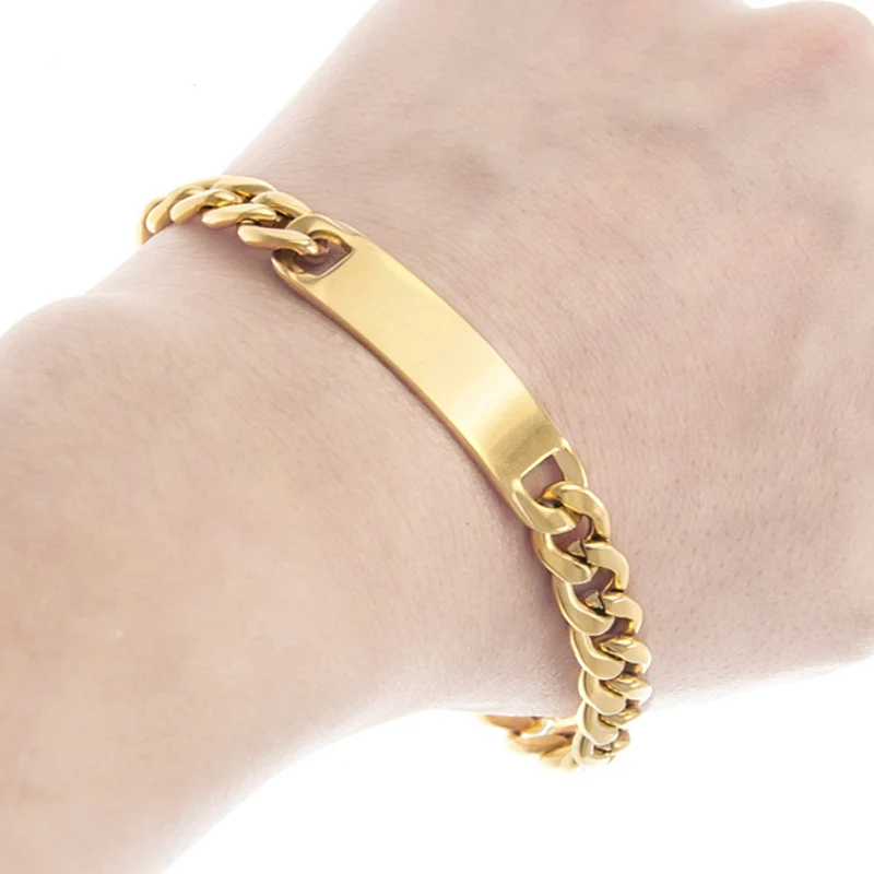 

Stainless Steel Gold Color ID Blank Tag Pendant Bracelet with Thick Cube Link Chain Pulseira Hand Accessory for Men Women
