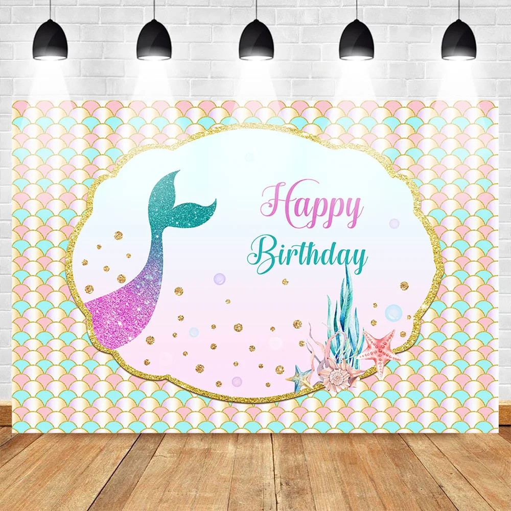 

Neoback Mermaid Backdrop Happy Birthday Photo Background Celebration Party Banner Photography Backdrops for Photo Studio