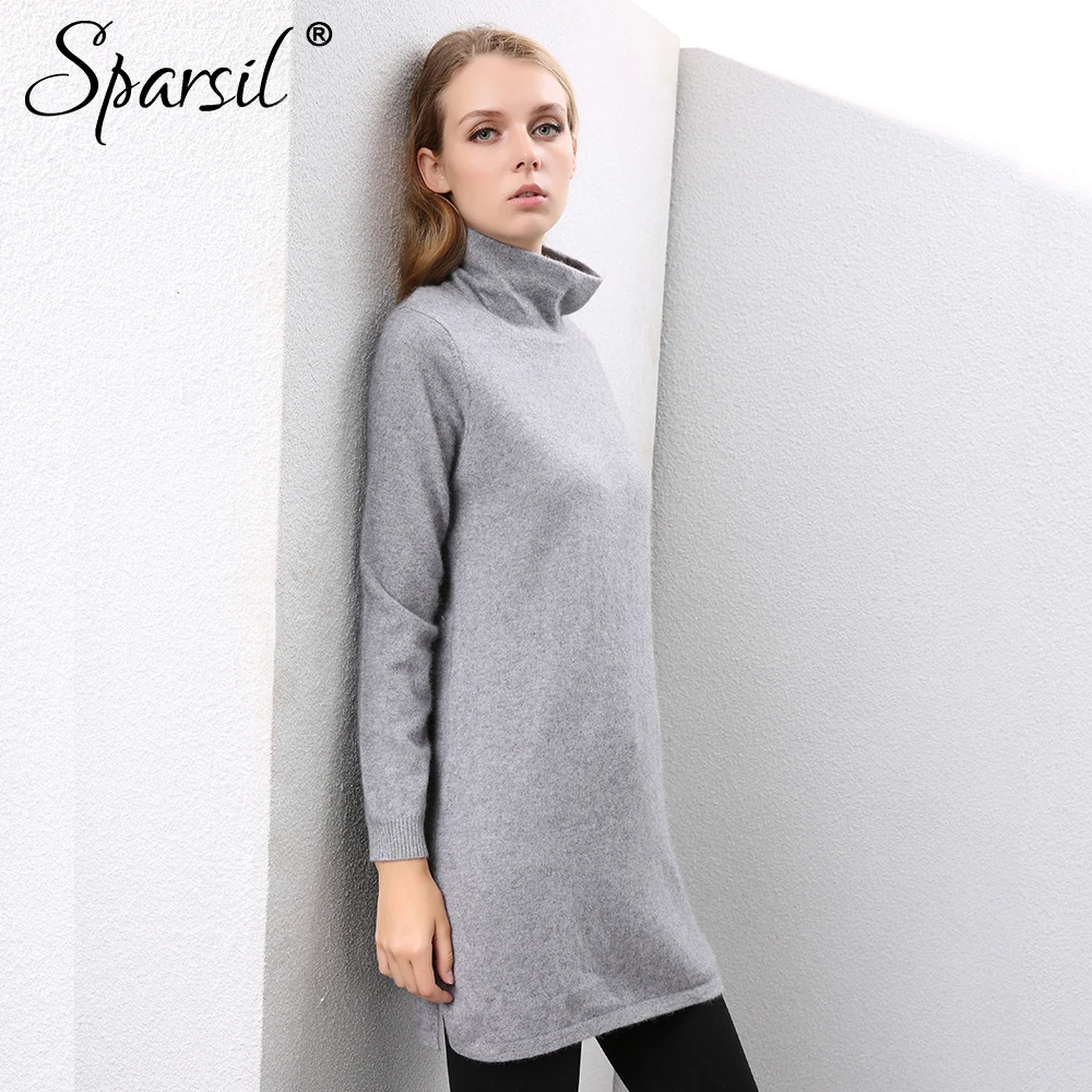 

Sparsil Women Winter 100% Cashmere Sweaters Double Layer Turtleneck Knitted Pullovers Split Hem Warm Soft Long Sweater Dress