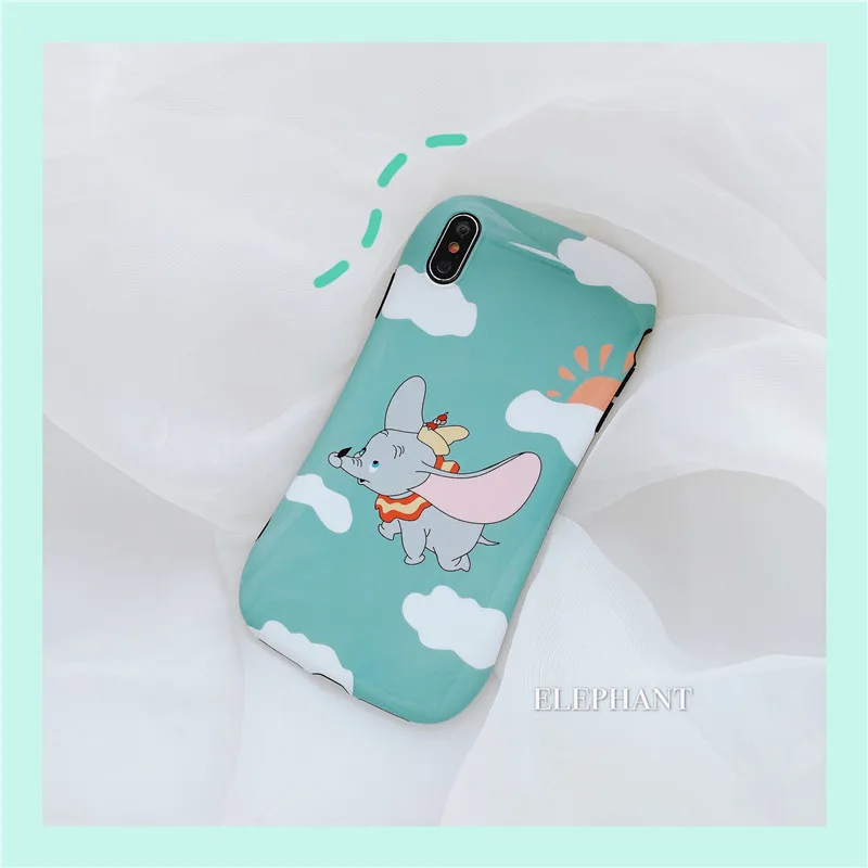 

For iPhone X Xs Max Xr 8 7 6 6s Plus Cover Funda Fashion Cartoon Dumbo elephant Blue-ray Disneys Doll bracket Phone Case