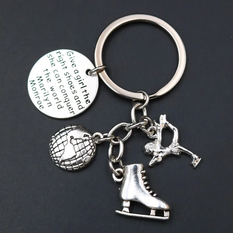

WKOUD 1pcs Give A Girl The Right Shoes & She Can Conquer The World Tag Ballet / Figure Skating Charms Motivational Keychain A714