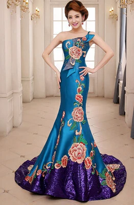 Robe de soiree vintga, платье с открытым плечом и шлейфом с качественной вышивкой, вечернее платье, платья для выпускного вечера - Цвет: blue