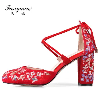 

Fanyuan 2018 Spring and autumn Women shoes sexy High heels shoes China Embroider Wedding shoes Cross straps pumps size 33-43