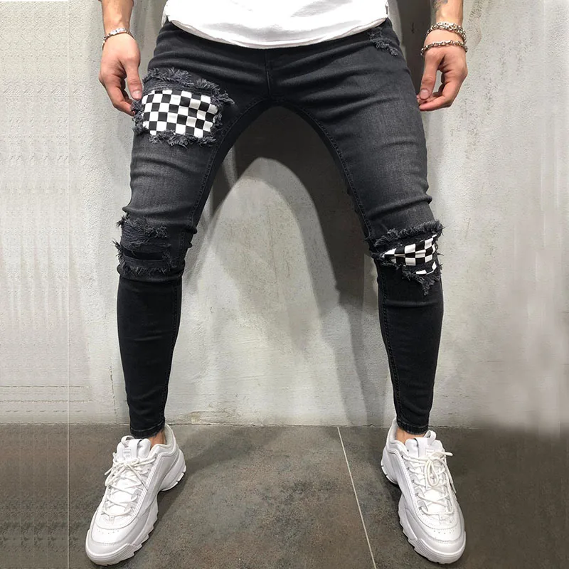

Men's Skinny Jeans Men Ripped Holes Elastic Patchwork Summer Thin Pencil Pants Moto Biker Hip Hop 2019 New Denim Trousers