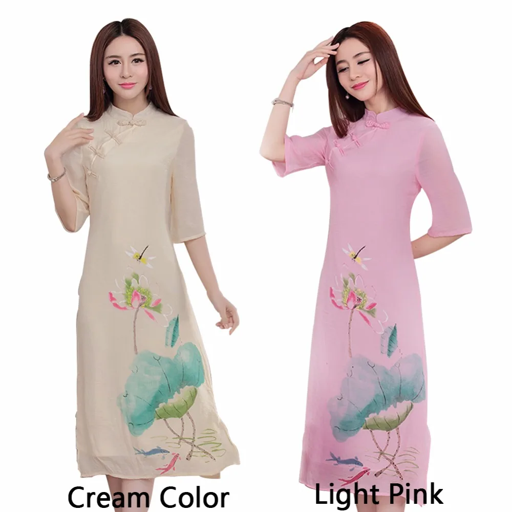 Летнее Новое Женское платье Cheongsam Qipao простая льняная печатная Женская юбка ретро