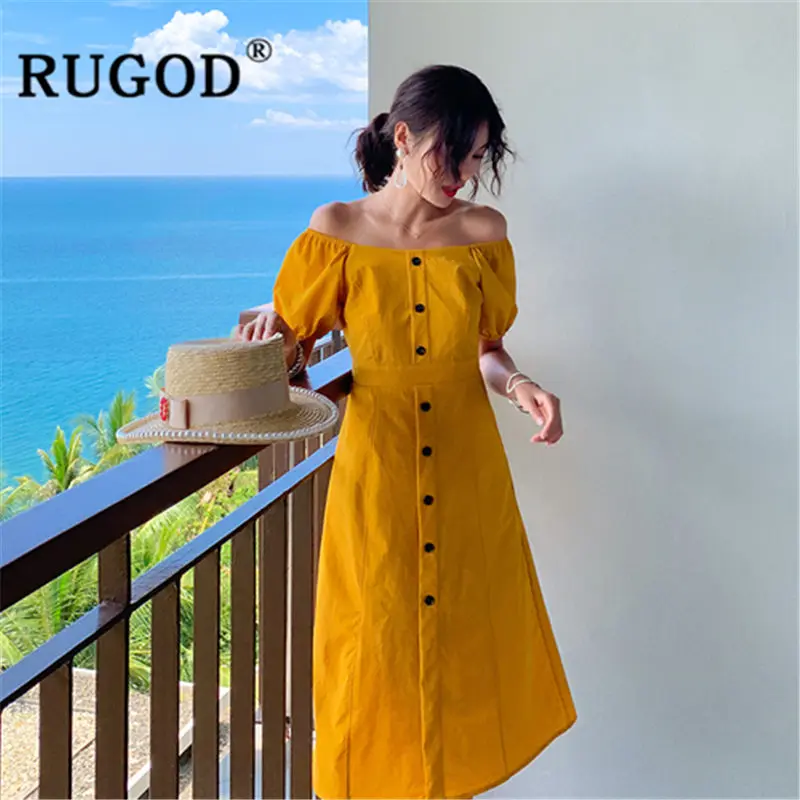 

RUGOD 2019 New arrival summer dress Button decoration slash neck dress women slim casual vintage dress