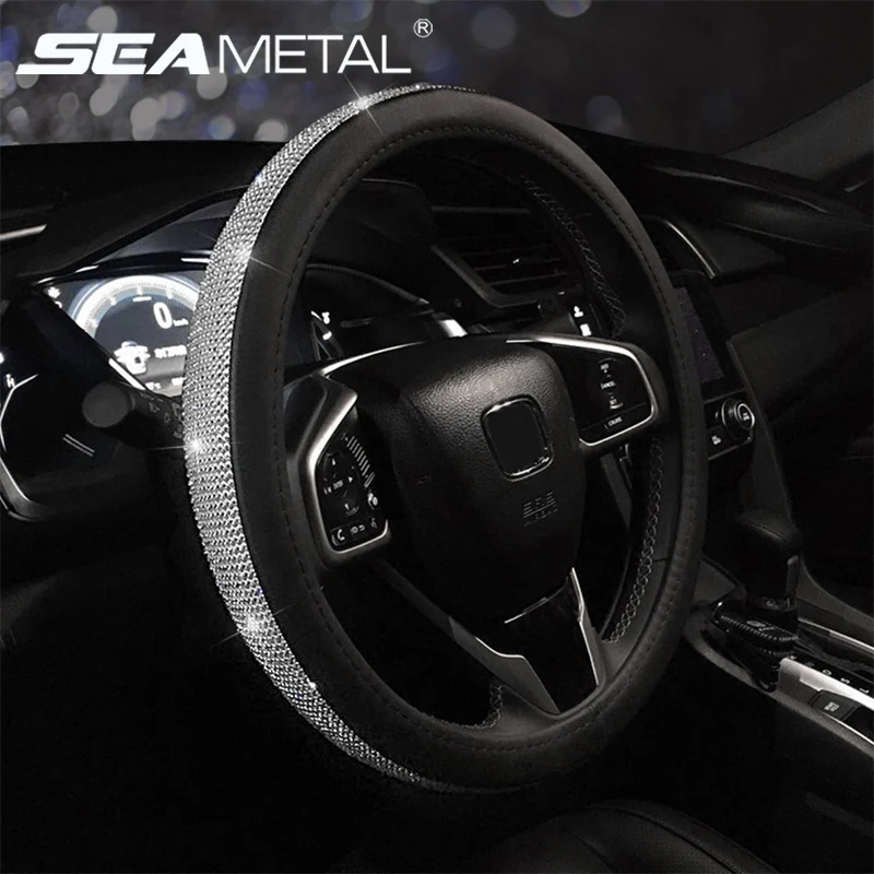 

Rhinestone Car PU Leather Steering Wheel Covers Cap Steering Wheel Crystal Cover Auto For Women Girls Car Interior Accessories