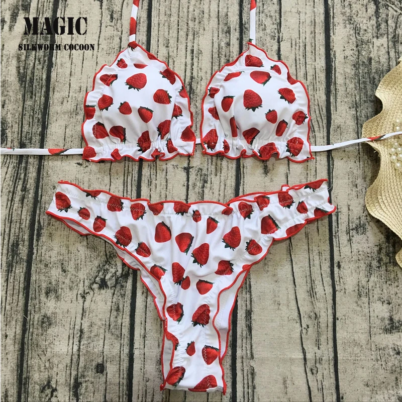 

2018 New Ruffle Bikini Set Women Red Strawberry Print Swimsuit Bathing Suit Bandage Swimwear Beachwear Swimming Suit Beachwear