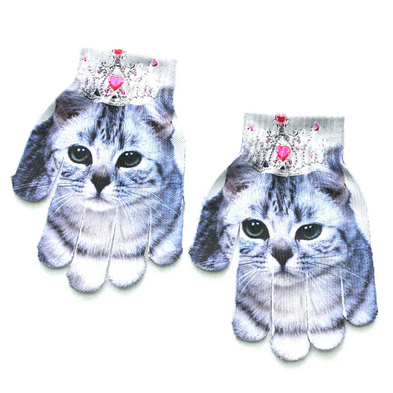 Новые детские перчатки с 3D принтом милой мультяшной кошки, собаки, зимние яркие перчатки с полными пальцами для мальчиков, варежки для девочки, для мальчиков и девочек - Цвет: crown cat