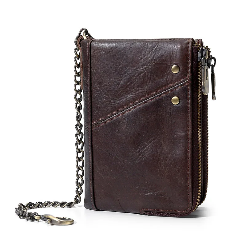 

Double zipper men's wallet leather leisure RFID wallet multi-functional first layer mad horse leather short notecase