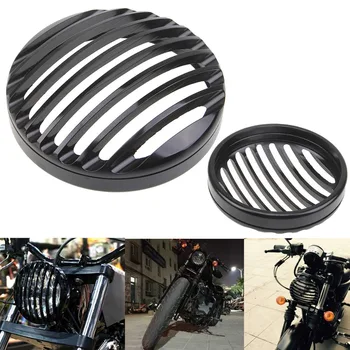 

5 3/4" Motorcycle Headlight Grill Cover Aluminum Scheinwerfer For Harley Sportster XL 883 1200 Schwarz Cafe Racer Lights Covers