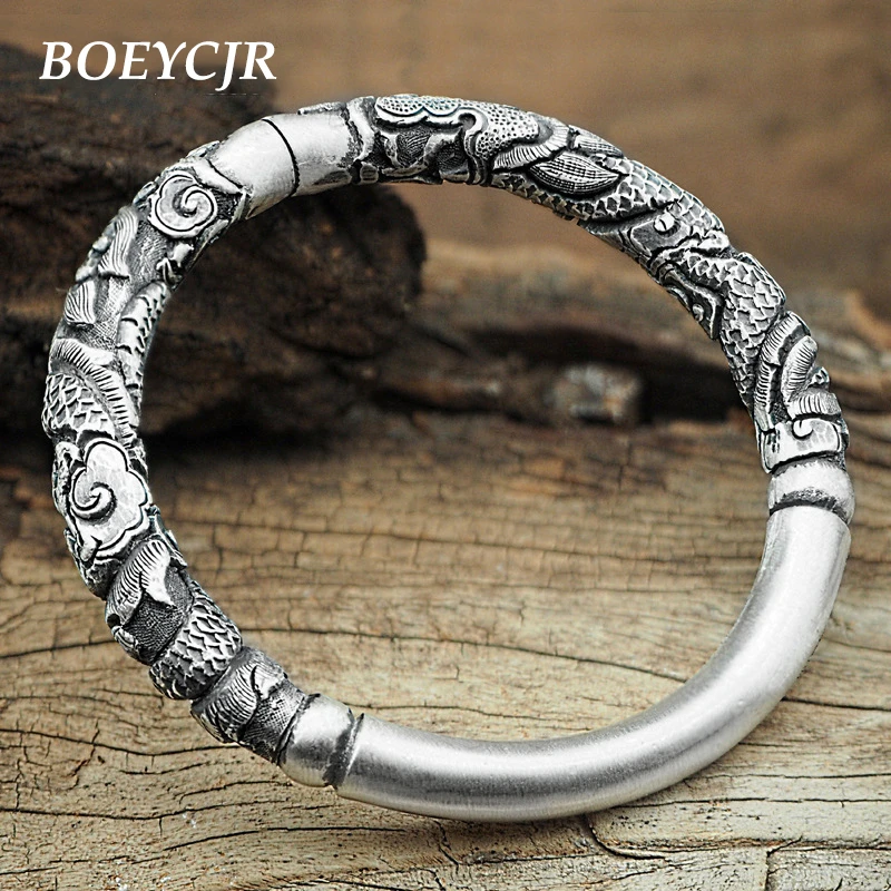 Boeycjr S999 الاسترليني أسورة فضية وأساور غرامة مجوهرات ريترو اليدوية التنين الطوطم نمط فتح الإسورة للمرأة Bracelets Bangles Aliexpress
